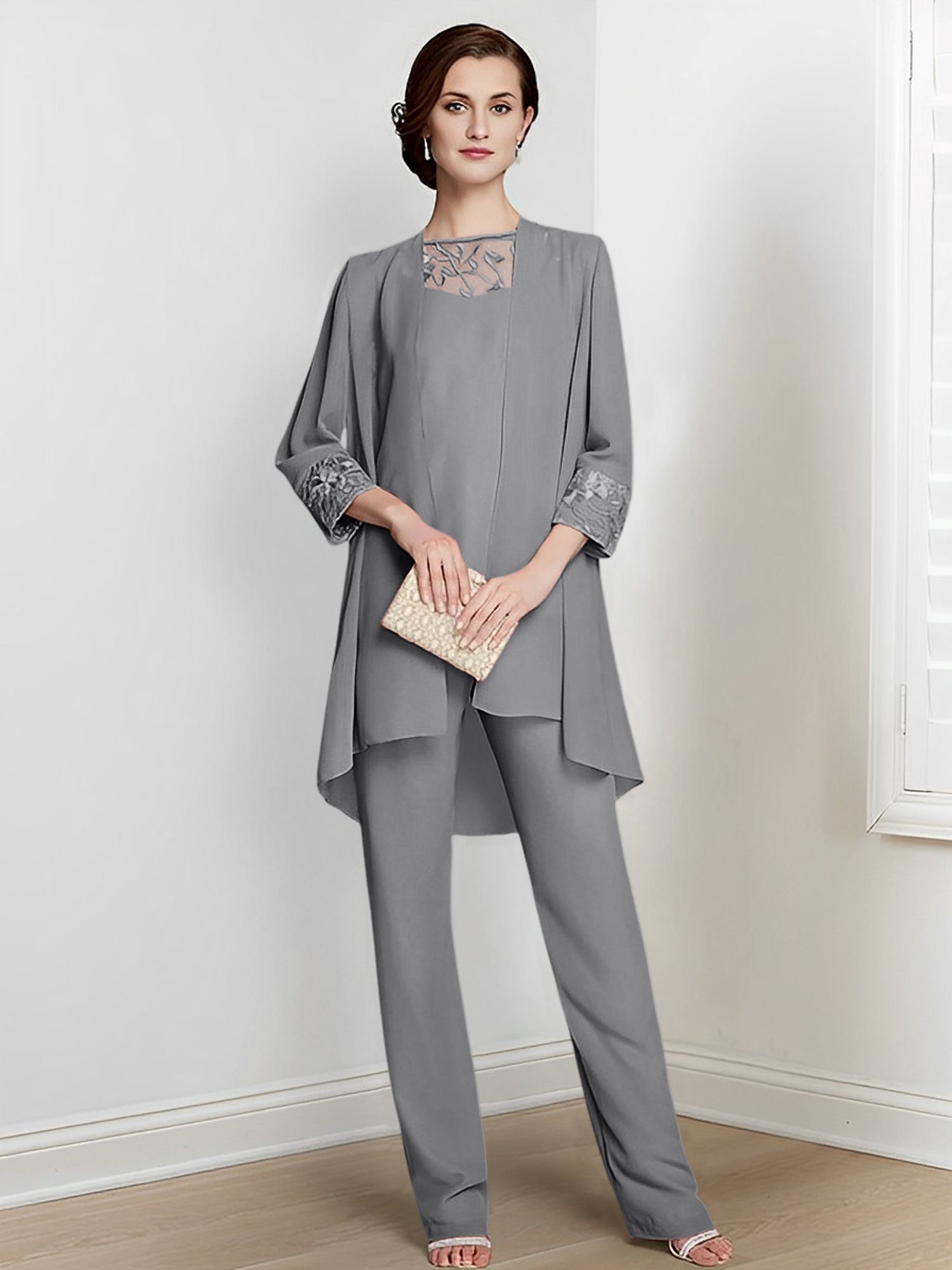 Tailleurs-pantalons en mousseline à manches longues pour la mère de la mariée, avec veste 