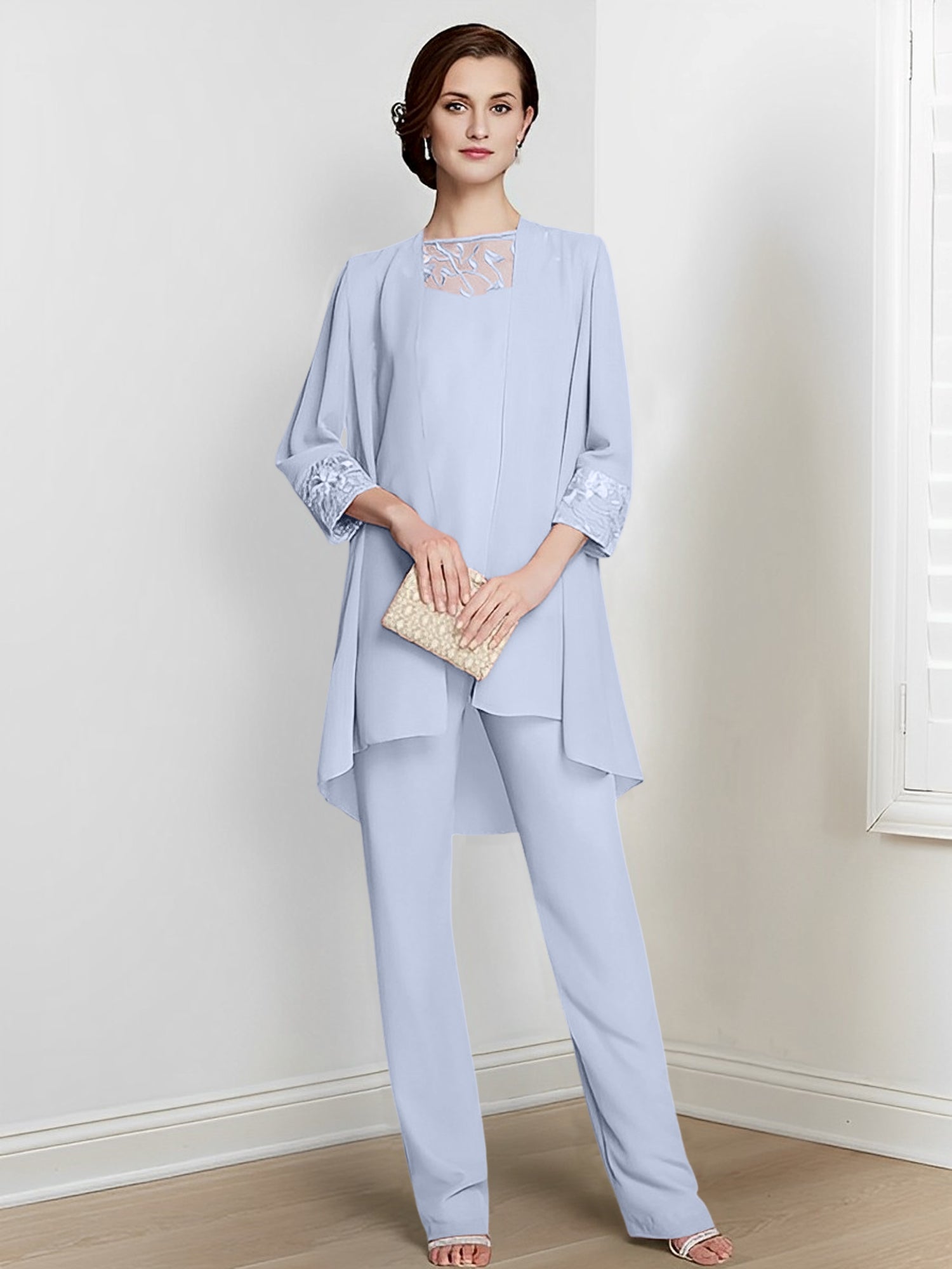 Tailleurs-pantalons en mousseline à manches longues pour la mère de la mariée, avec veste 