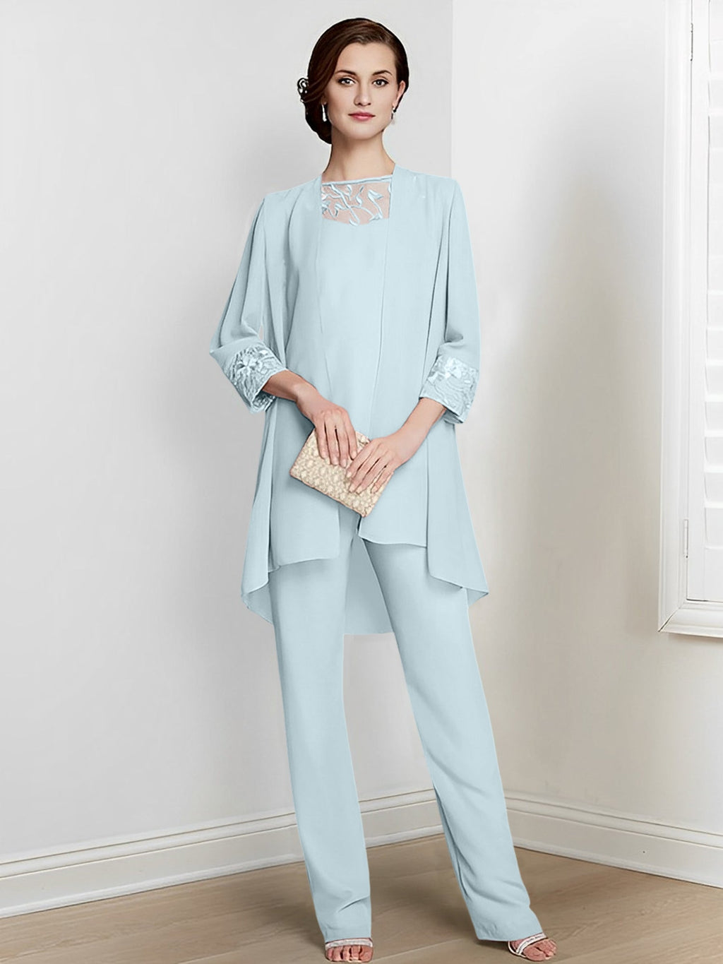 Tailleurs-pantalons en mousseline à manches longues pour la mère de la mariée, avec veste 
