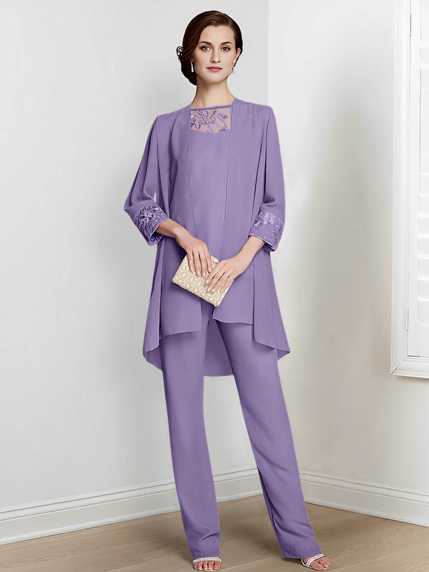 Tailleurs-pantalons en mousseline à manches longues pour la mère de la mariée, avec veste 