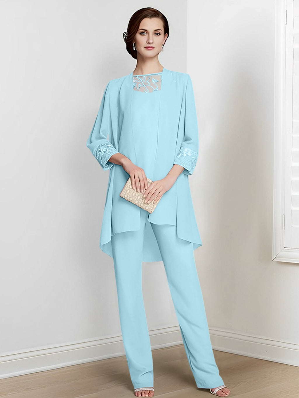 Tailleurs-pantalons en mousseline à manches longues pour la mère de la mariée, avec veste 