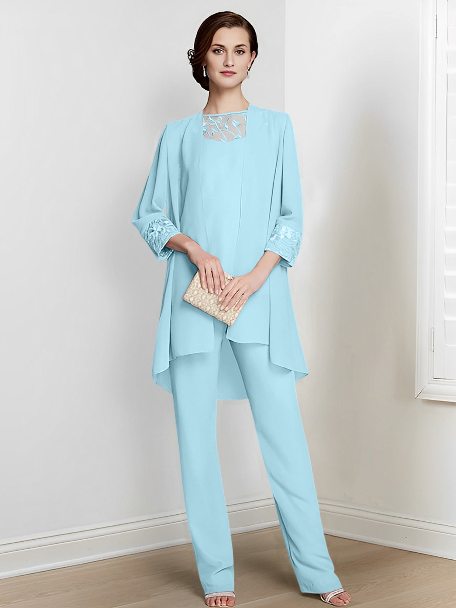 Tailleurs-pantalons en mousseline à manches longues pour la mère de la mariée, avec veste 