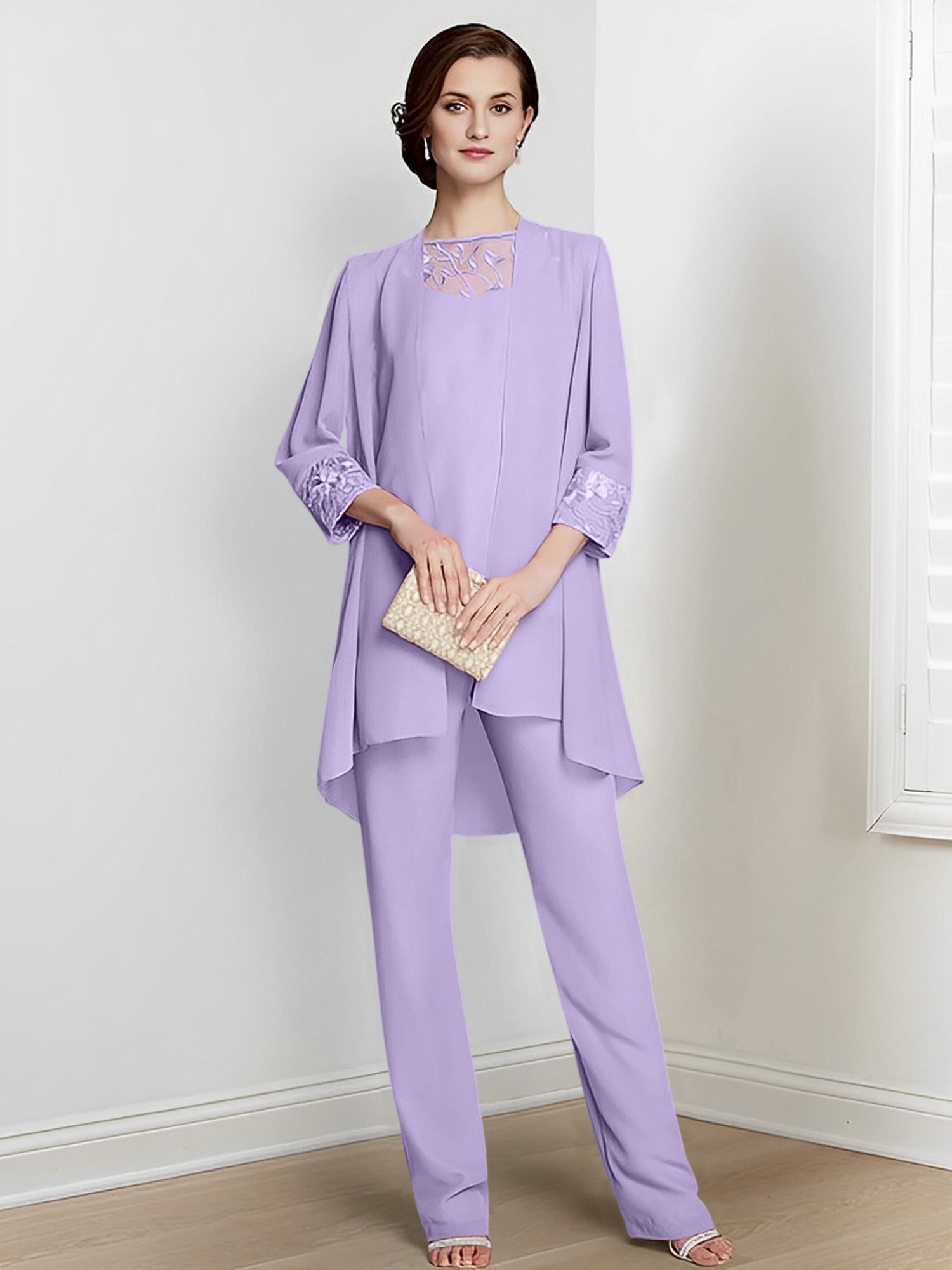 Tailleurs-pantalons en mousseline à manches longues pour la mère de la mariée, avec veste 