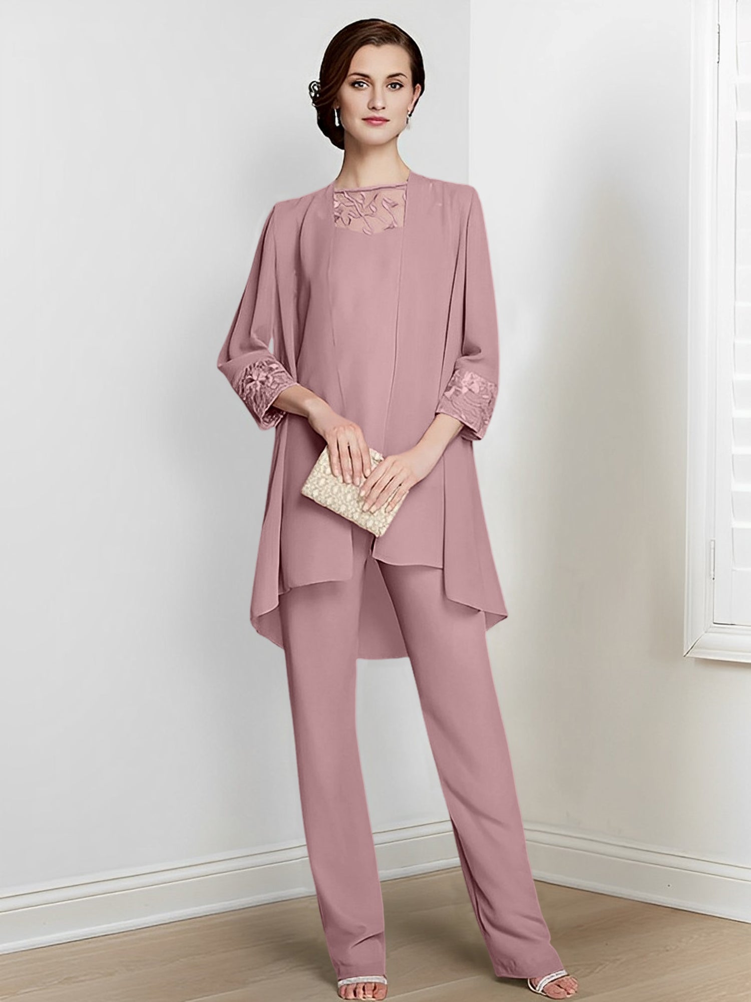Tailleurs-pantalons en mousseline à manches longues pour la mère de la mariée, avec veste 