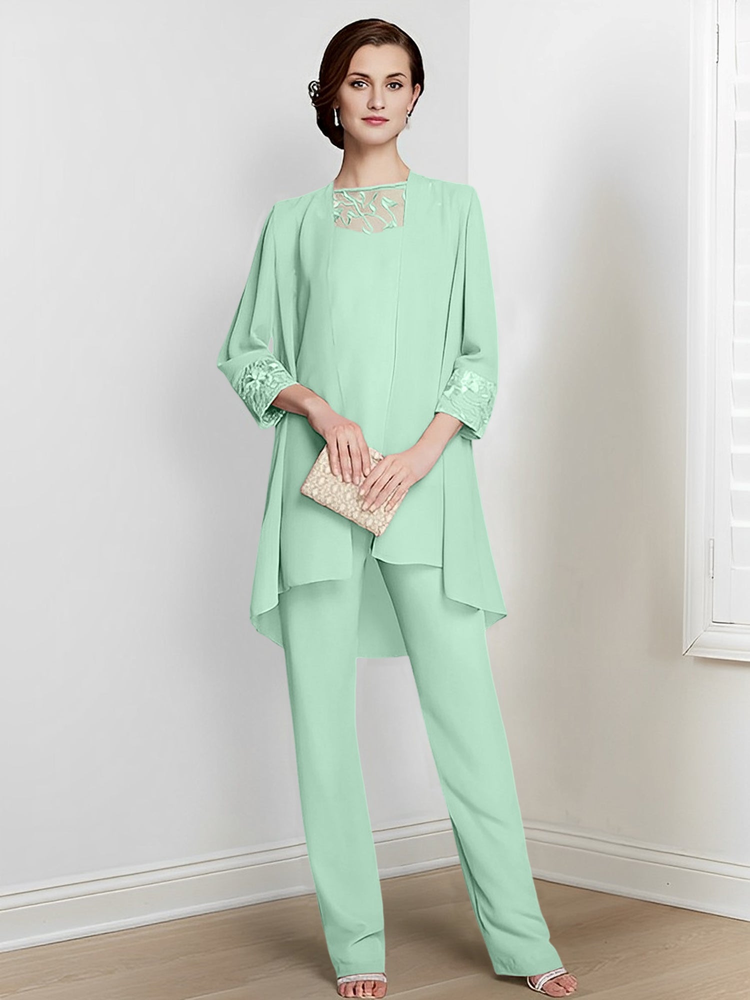 Tailleurs-pantalons en mousseline à manches longues pour la mère de la mariée, avec veste 