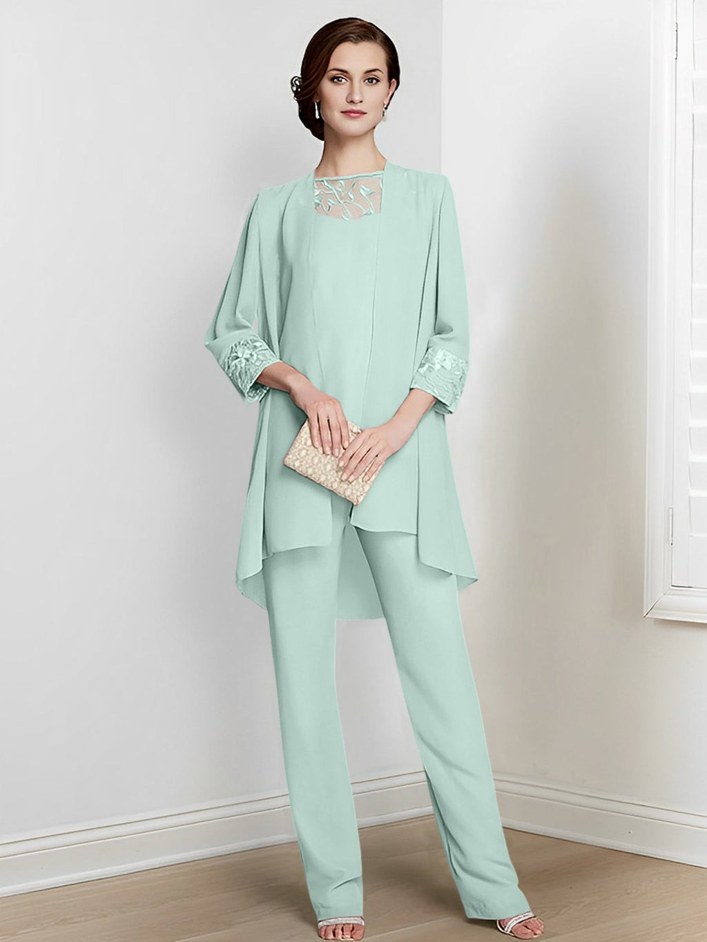 Tailleurs-pantalons en mousseline à manches longues pour la mère de la mariée, avec veste 