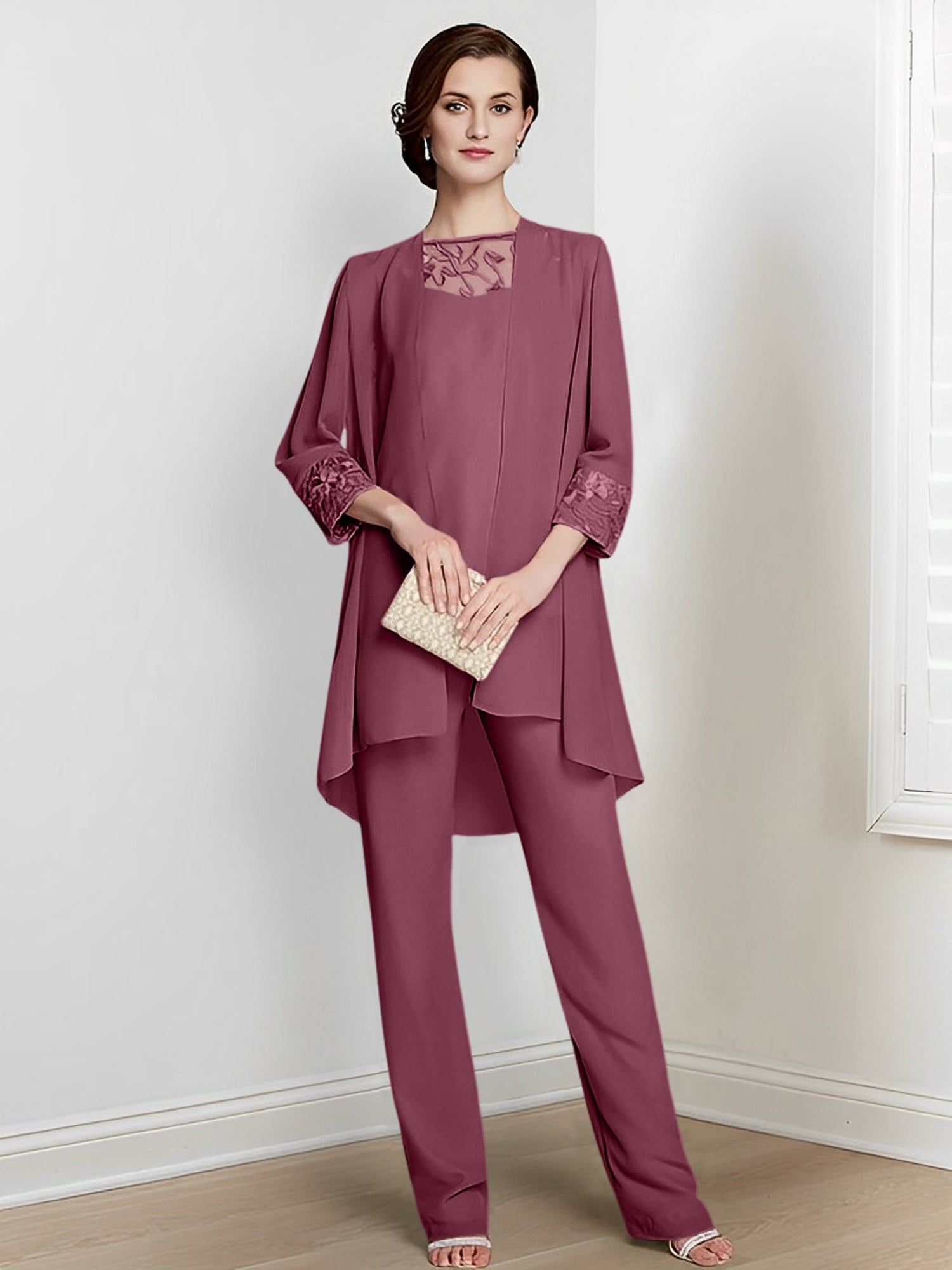 Tailleurs-pantalons en mousseline à manches longues pour la mère de la mariée, avec veste 