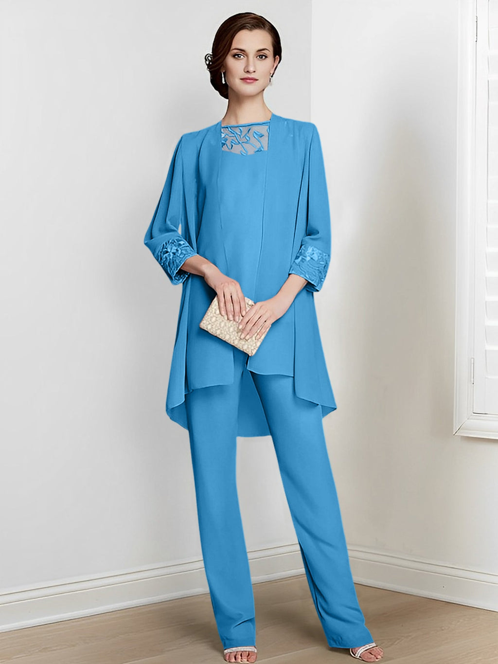 Tailleurs-pantalons en mousseline à manches longues pour la mère de la mariée, avec veste 