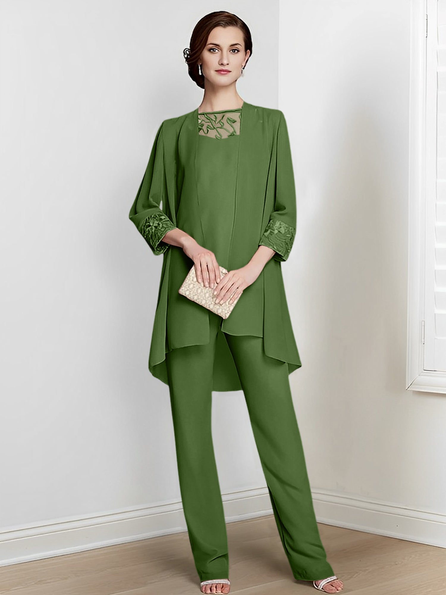 Tailleurs-pantalons en mousseline à manches longues pour la mère de la mariée, avec veste 