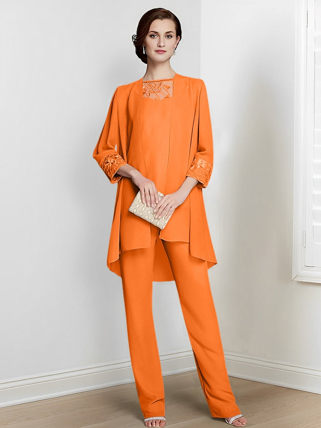 Tailleurs-pantalons en mousseline à manches longues pour la mère de la mariée, avec veste 