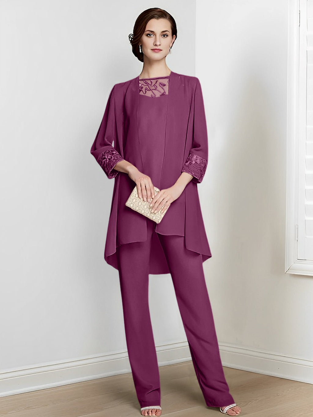 Tailleurs-pantalons en mousseline à manches longues pour la mère de la mariée, avec veste 