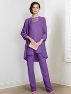 Tailleurs-pantalons en mousseline à manches longues pour la mère de la mariée, avec veste 