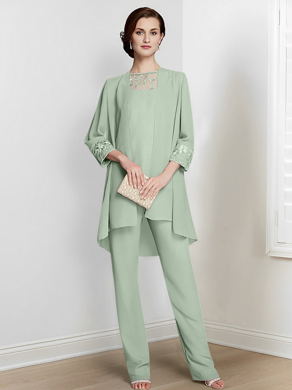 Tailleurs-pantalons en mousseline à manches longues pour la mère de la mariée, avec veste 
