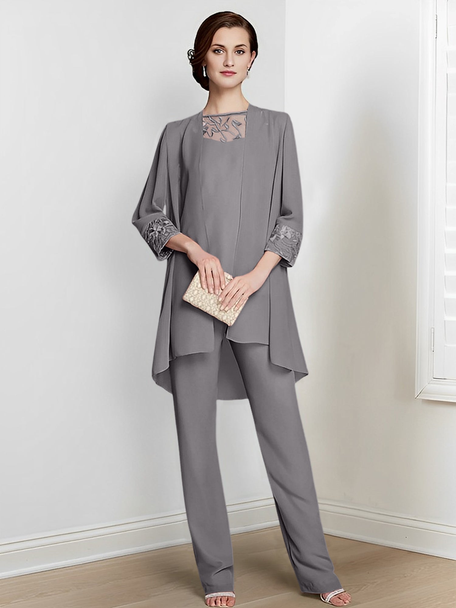 Tailleurs-pantalons en mousseline à manches longues pour la mère de la mariée, avec veste 