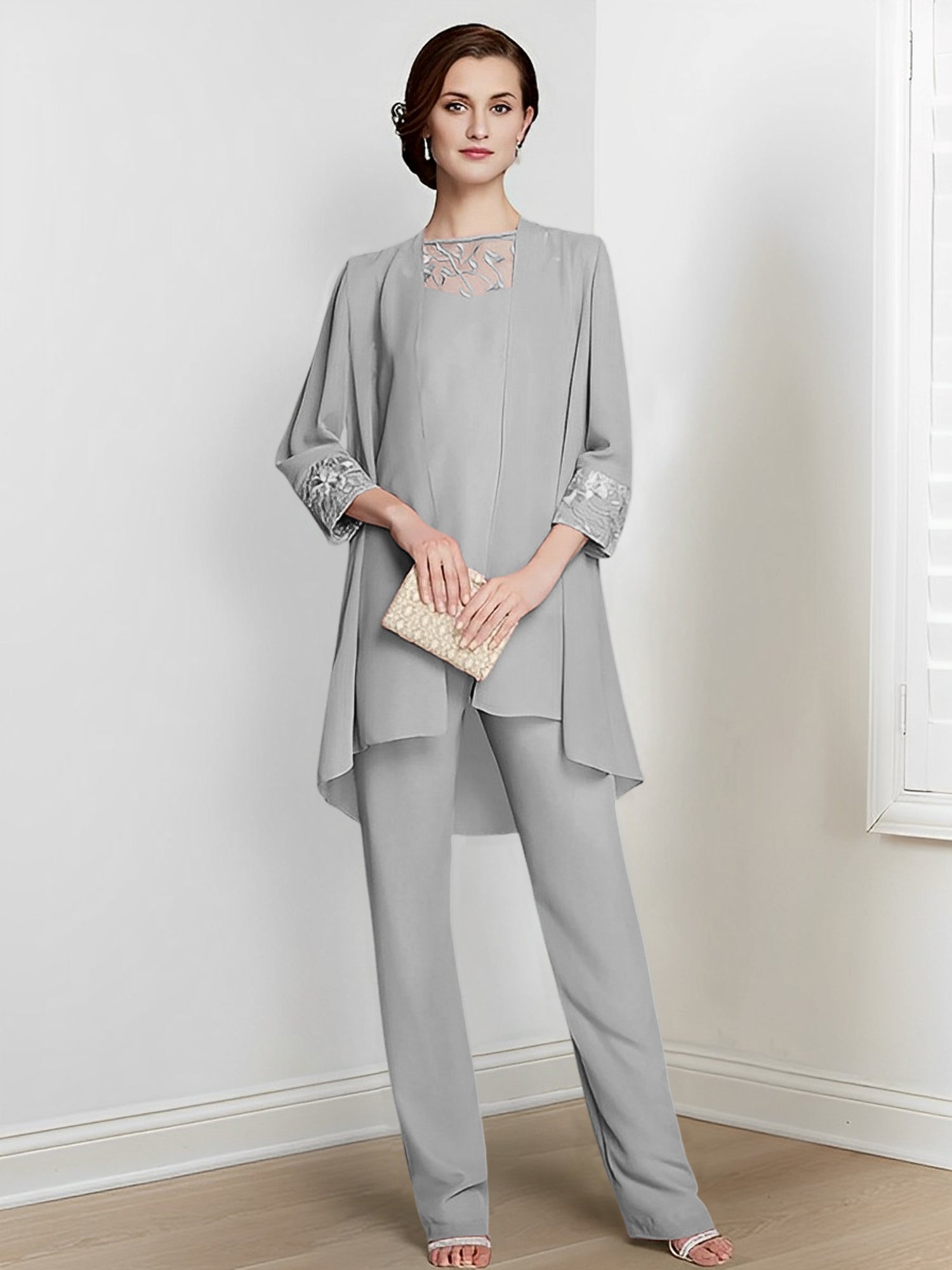 Tailleurs-pantalons en mousseline à manches longues pour la mère de la mariée, avec veste 