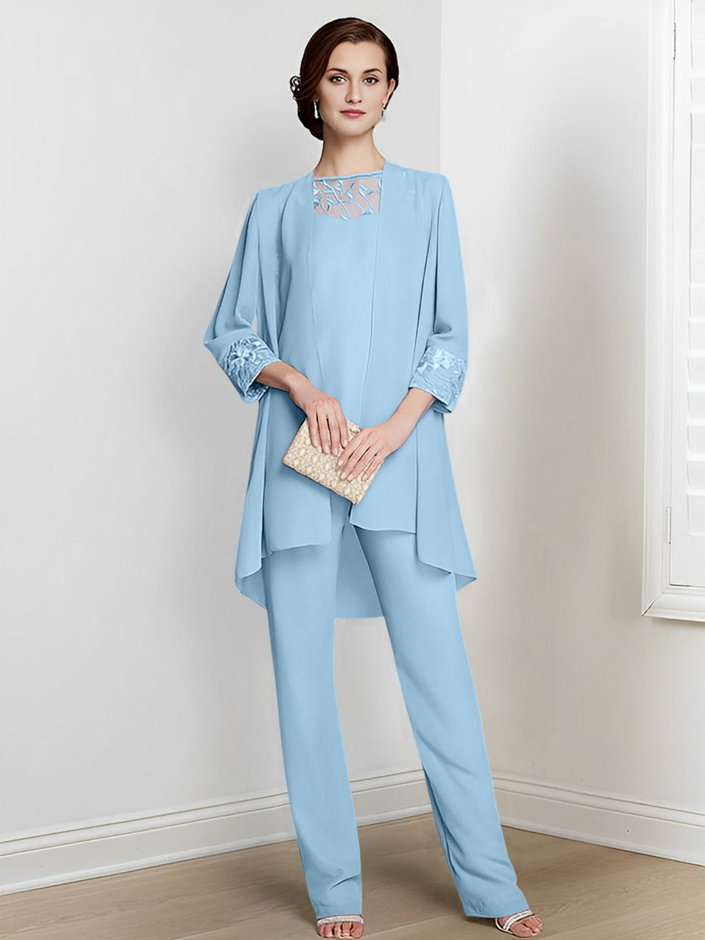 Tailleurs-pantalons en mousseline à manches longues pour la mère de la mariée, avec veste 