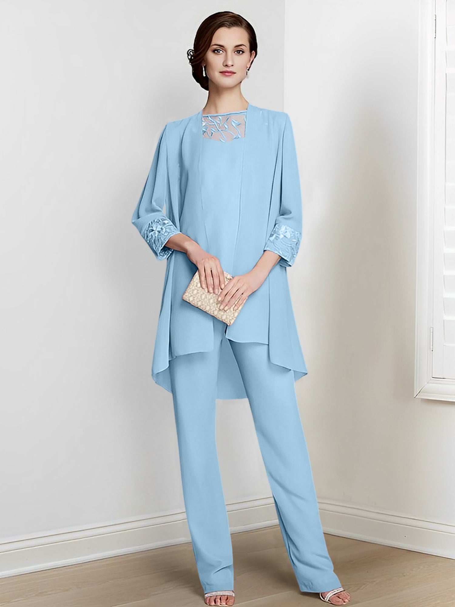 Tailleurs-pantalons en mousseline à manches longues pour la mère de la mariée, avec veste 