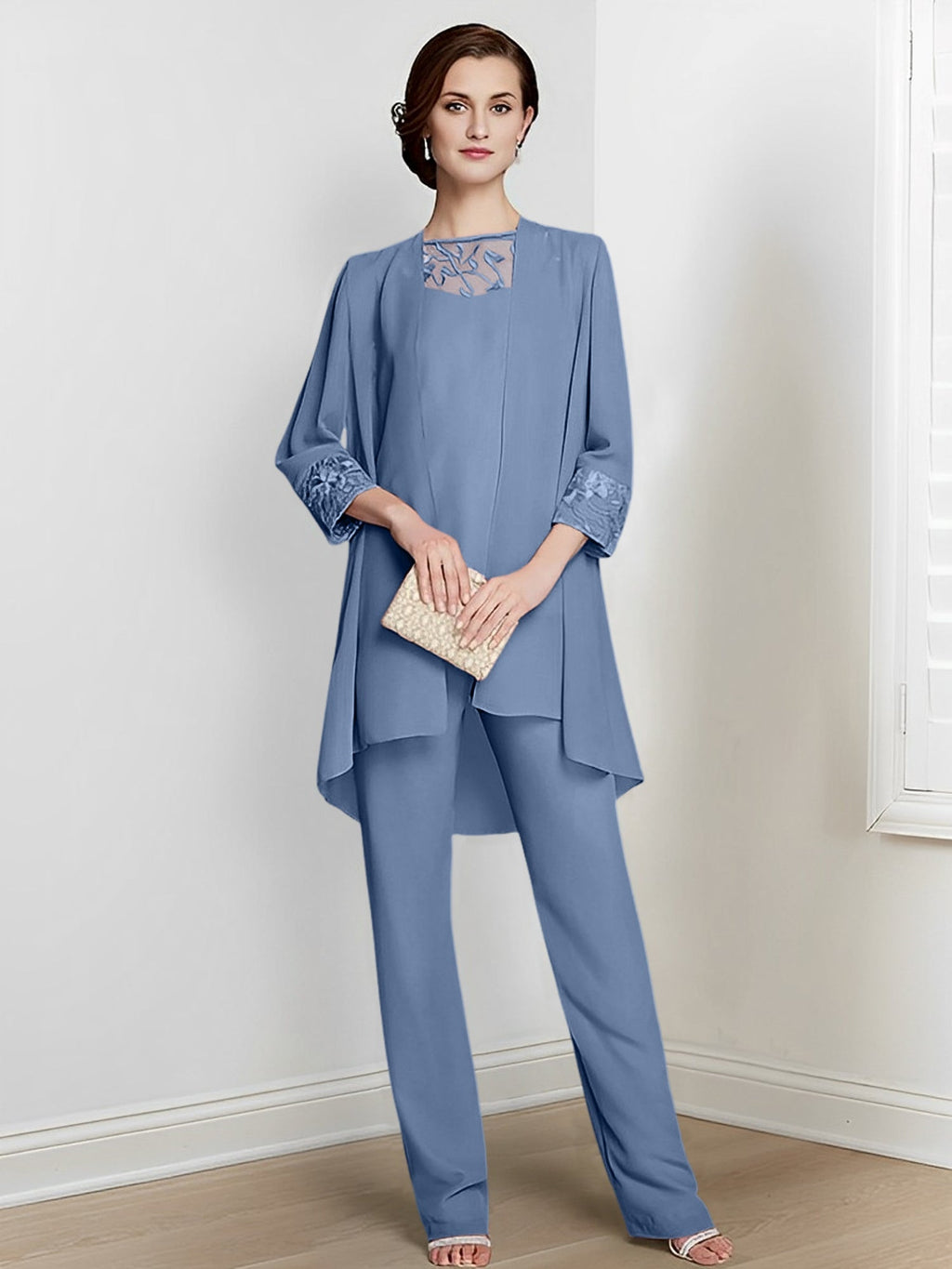Tailleurs-pantalons en mousseline à manches longues pour la mère de la mariée, avec veste 