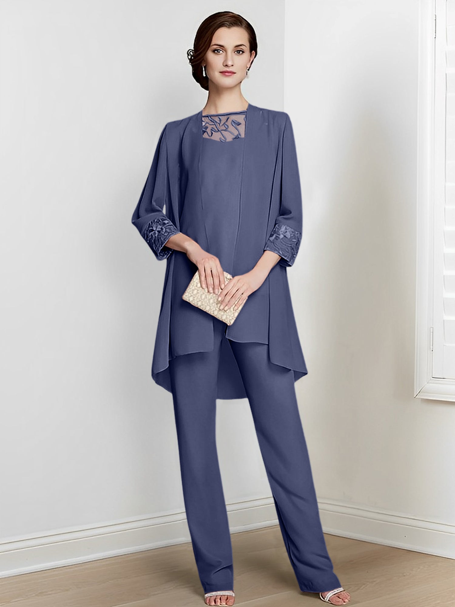 Tailleurs-pantalons en mousseline à manches longues pour la mère de la mariée, avec veste 