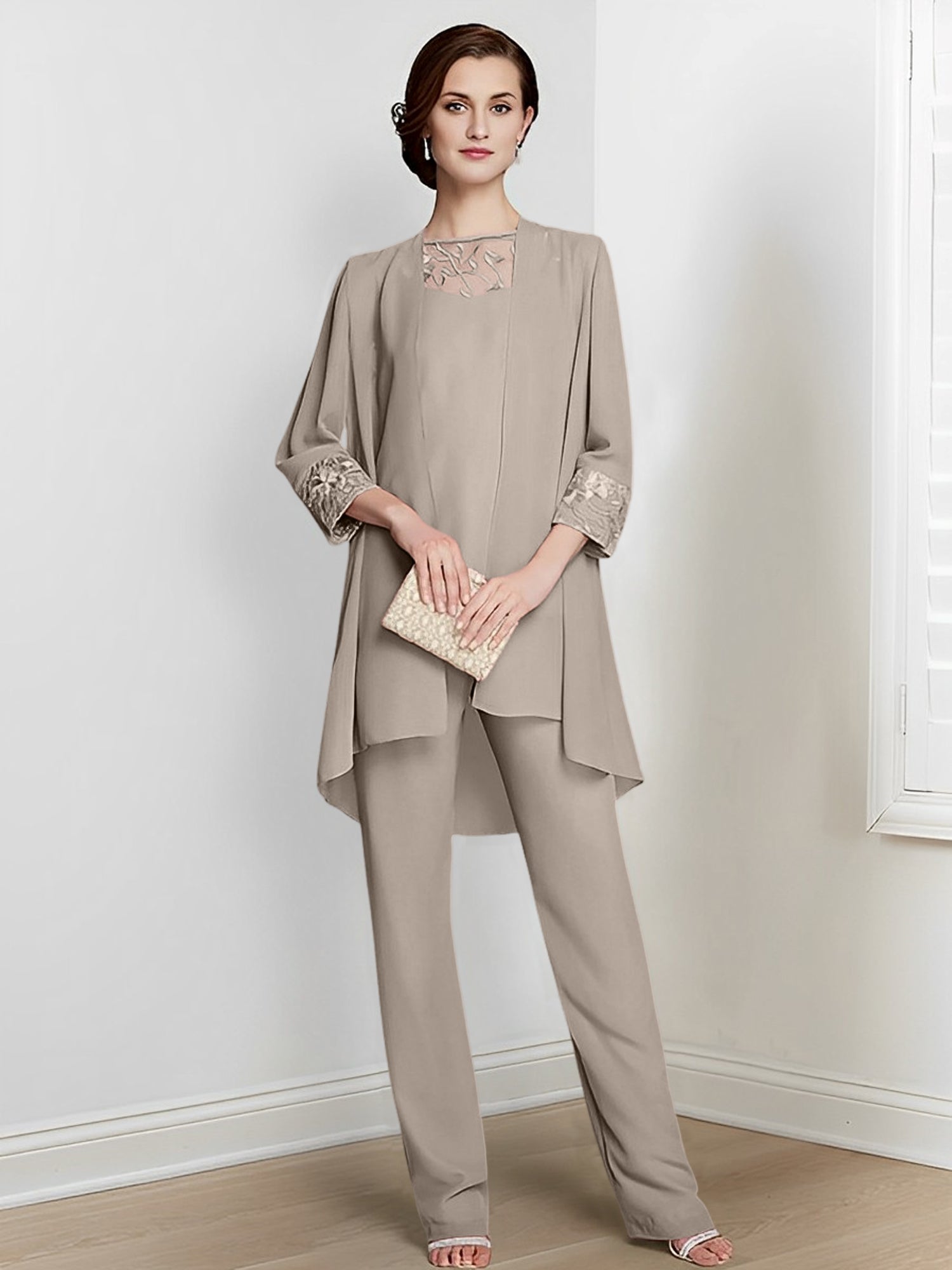 Tailleurs-pantalons en mousseline à manches longues pour la mère de la mariée, avec veste 
