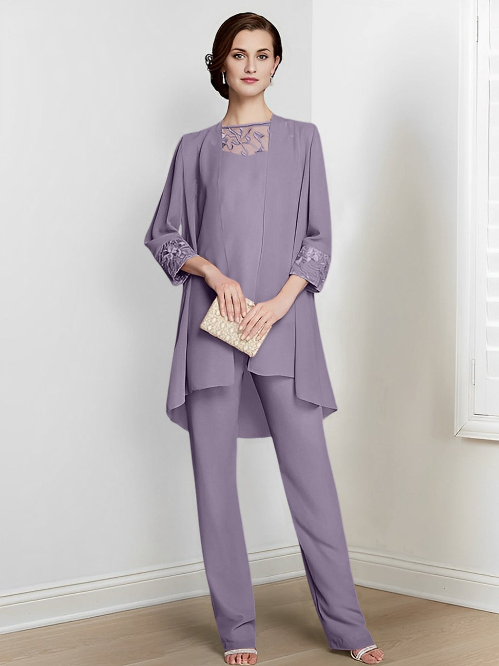 Tailleurs-pantalons en mousseline à manches longues pour la mère de la mariée, avec veste 