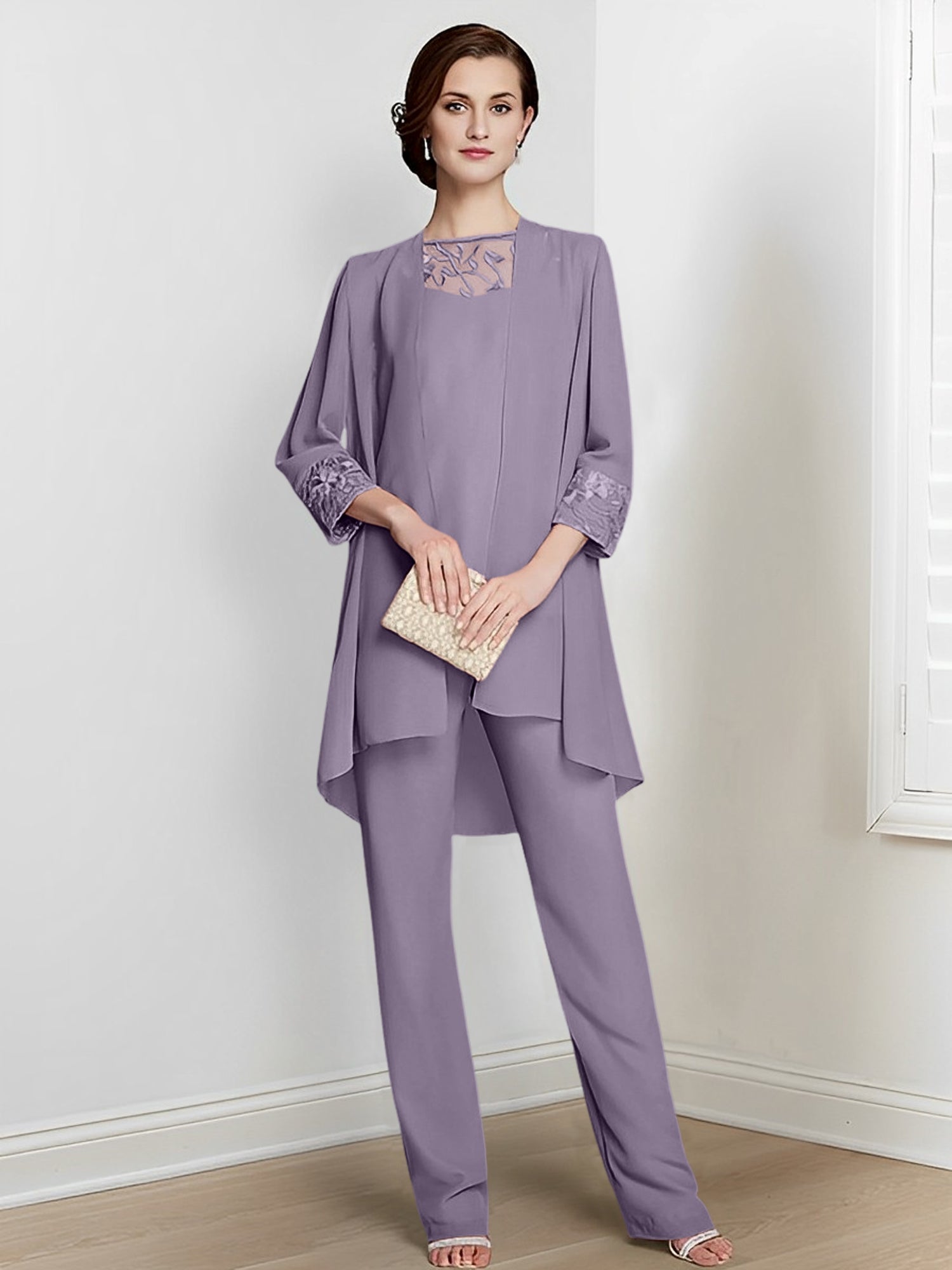 Tailleurs-pantalons en mousseline à manches longues pour la mère de la mariée, avec veste 