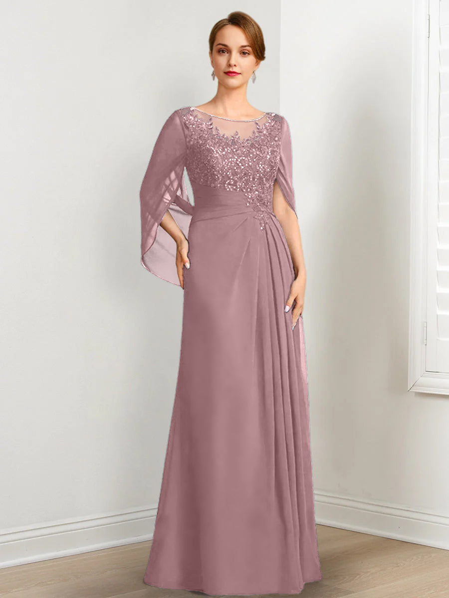Robes de mère de la mariée longues, coupe trapèze/décolleté princesse, avec plis et sequins 