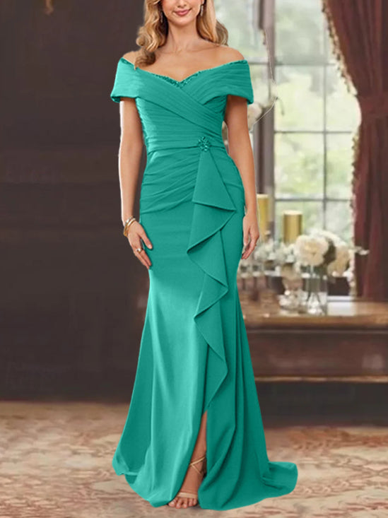 Vestidos de corte recto/columna, sin mangas, con hombros descubiertos y largo hasta el suelo, para la madre de la novia, con volantes. 
