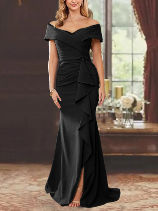 Vestidos de corte recto/columna, sin mangas, con hombros descubiertos y largo hasta el suelo, para la madre de la novia, con volantes. 