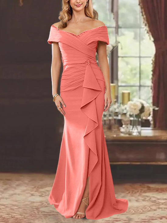 Vestidos de corte recto/columna, sin mangas, con hombros descubiertos y largo hasta el suelo, para la madre de la novia, con volantes. 