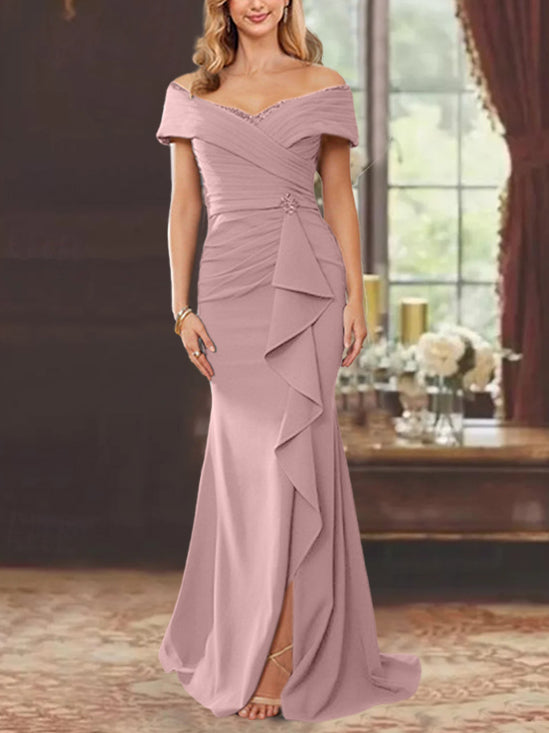 Vestidos de corte recto/columna, sin mangas, con hombros descubiertos y largo hasta el suelo, para la madre de la novia, con volantes. 