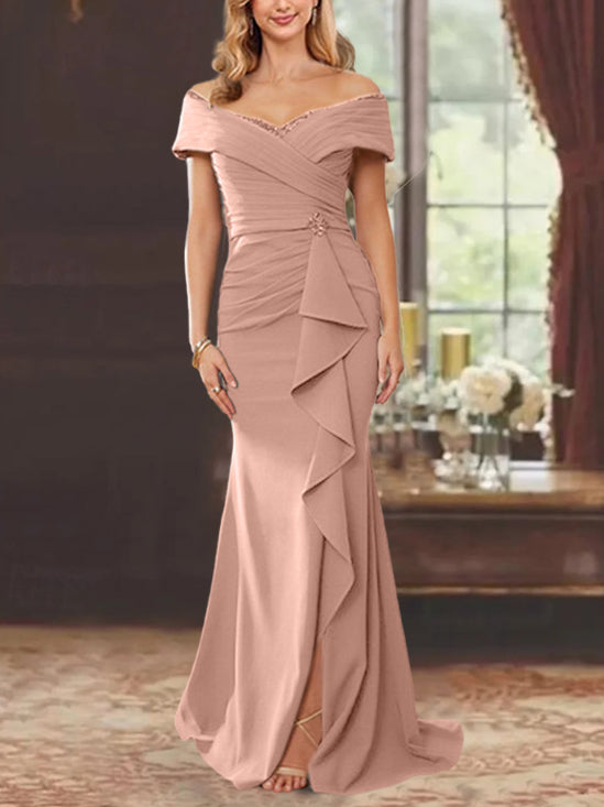 Vestidos de corte recto/columna, sin mangas, con hombros descubiertos y largo hasta el suelo, para la madre de la novia, con volantes. 