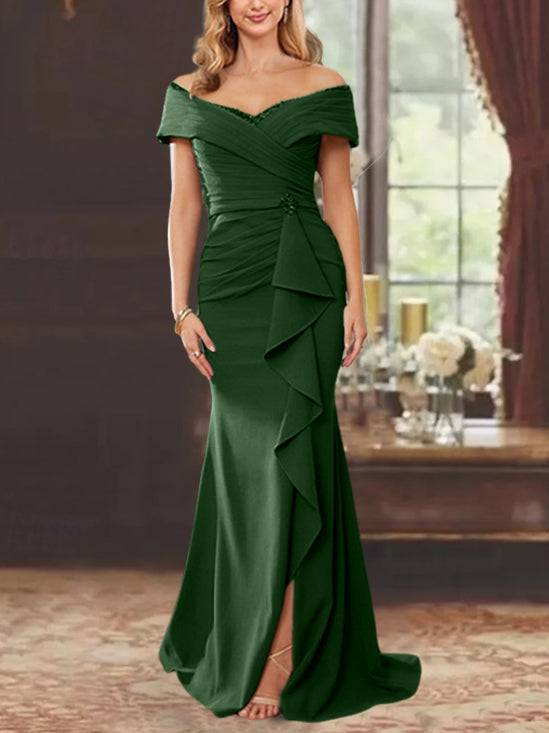 Vestidos de corte recto/columna, sin mangas, con hombros descubiertos y largo hasta el suelo, para la madre de la novia, con volantes. 