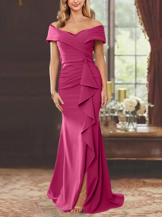 Vestidos de corte recto/columna, sin mangas, con hombros descubiertos y largo hasta el suelo, para la madre de la novia, con volantes. 