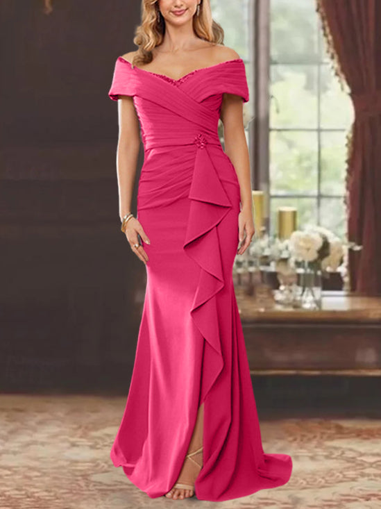 Vestidos de corte recto/columna, sin mangas, con hombros descubiertos y largo hasta el suelo, para la madre de la novia, con volantes. 