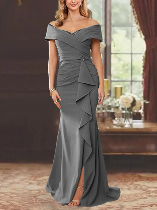 Vestidos de corte recto/columna, sin mangas, con hombros descubiertos y largo hasta el suelo, para la madre de la novia, con volantes. 