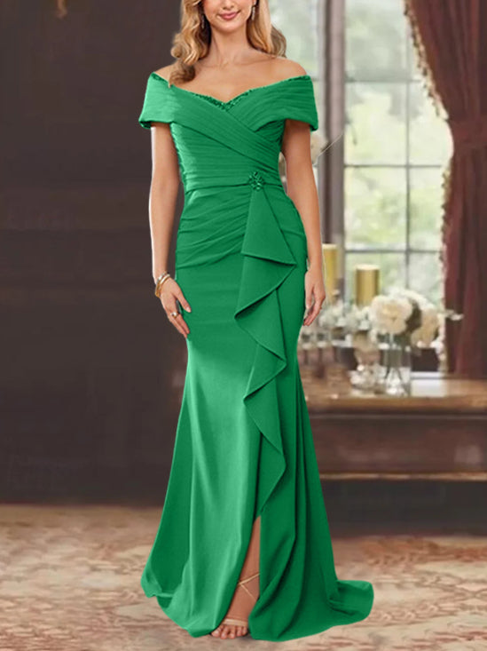 Vestidos de corte recto/columna, sin mangas, con hombros descubiertos y largo hasta el suelo, para la madre de la novia, con volantes. 