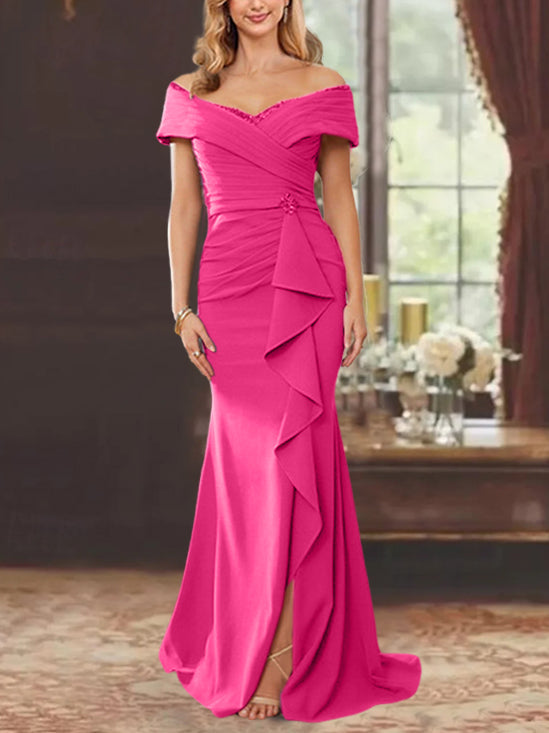 Vestidos de corte recto/columna, sin mangas, con hombros descubiertos y largo hasta el suelo, para la madre de la novia, con volantes. 