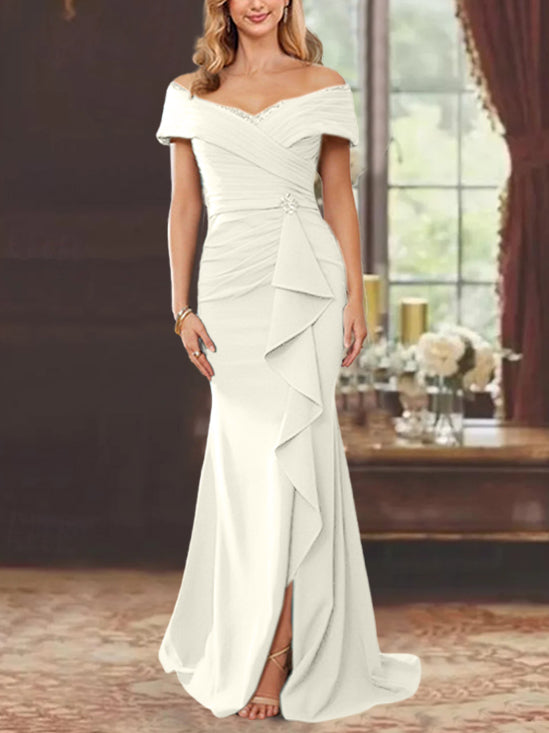 Vestidos de corte recto/columna, sin mangas, con hombros descubiertos y largo hasta el suelo, para la madre de la novia, con volantes. 