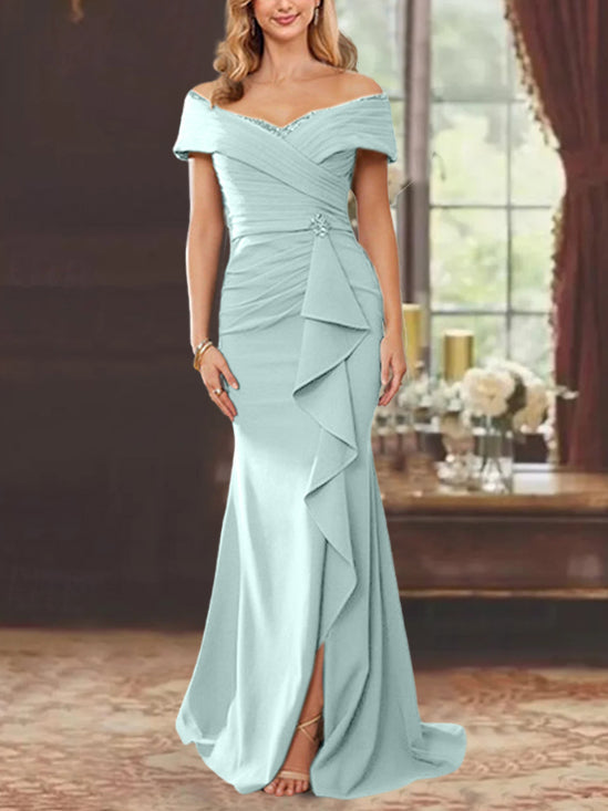 Vestidos de corte recto/columna, sin mangas, con hombros descubiertos y largo hasta el suelo, para la madre de la novia, con volantes. 