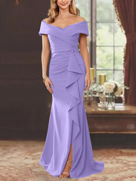 Vestidos de corte recto/columna, sin mangas, con hombros descubiertos y largo hasta el suelo, para la madre de la novia, con volantes. 