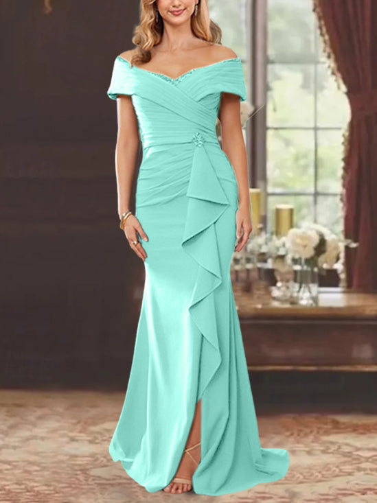 Vestidos de corte recto/columna, sin mangas, con hombros descubiertos y largo hasta el suelo, para la madre de la novia, con volantes. 