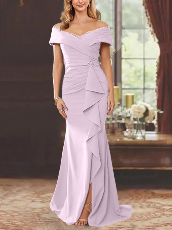 Vestidos de corte recto/columna, sin mangas, con hombros descubiertos y largo hasta el suelo, para la madre de la novia, con volantes. 