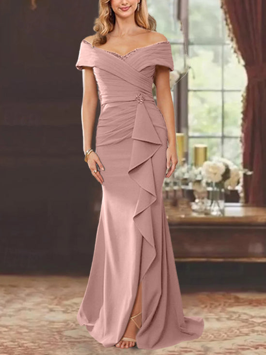Vestidos de corte recto/columna, sin mangas, con hombros descubiertos y largo hasta el suelo, para la madre de la novia, con volantes. 