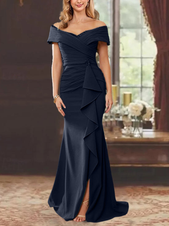 Vestidos de corte recto/columna, sin mangas, con hombros descubiertos y largo hasta el suelo, para la madre de la novia, con volantes. 