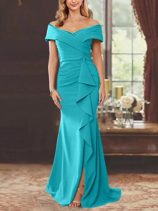 Vestidos de corte recto/columna, sin mangas, con hombros descubiertos y largo hasta el suelo, para la madre de la novia, con volantes. 