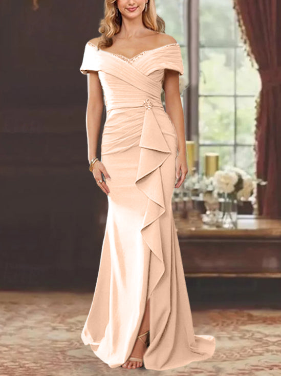 Vestidos de corte recto/columna, sin mangas, con hombros descubiertos y largo hasta el suelo, para la madre de la novia, con volantes. 
