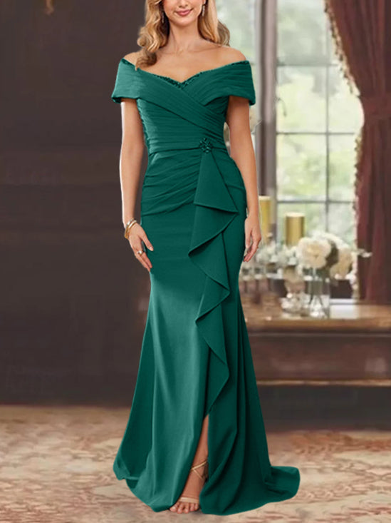 Vestidos de corte recto/columna, sin mangas, con hombros descubiertos y largo hasta el suelo, para la madre de la novia, con volantes. 