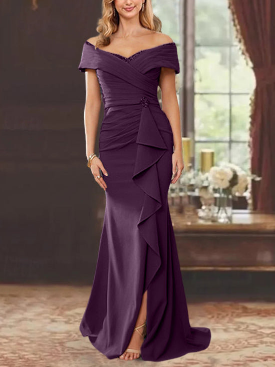 Vestidos de corte recto/columna, sin mangas, con hombros descubiertos y largo hasta el suelo, para la madre de la novia, con volantes. 