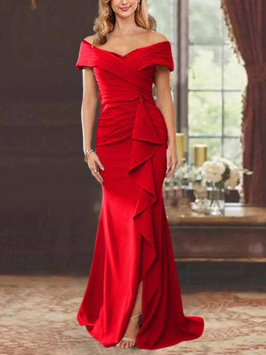 Vestidos de corte recto/columna, sin mangas, con hombros descubiertos y largo hasta el suelo, para la madre de la novia, con volantes. 